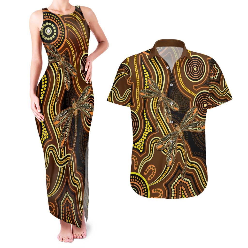 Orange Indigenous Dragonfly Australia Couples Matching Tank Maxi Dress and Hawaiian Shirt Aboriginal Art - Aussie Hoodie