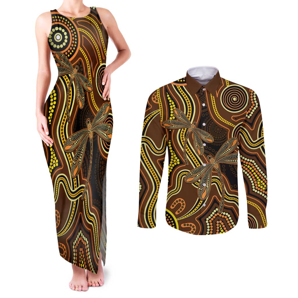 Orange Indigenous Dragonfly Australia Couples Matching Tank Maxi Dress and Long Sleeve Button Shirt Aboriginal Art - Aussie Hoodie