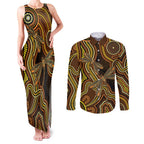 Orange Indigenous Dragonfly Australia Couples Matching Tank Maxi Dress and Long Sleeve Button Shirt Aboriginal Art - Aussie Hoodie