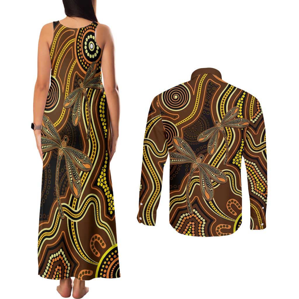 Orange Indigenous Dragonfly Australia Couples Matching Tank Maxi Dress and Long Sleeve Button Shirt Aboriginal Art - Aussie Hoodie