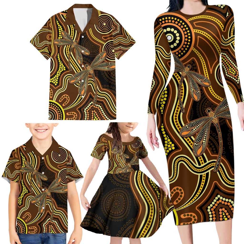 Orange Indigenous Dragonfly Australia Family Matching Long Sleeve Bodycon Dress and Hawaiian Shirt Aboriginal Art - Aussie Hoodie