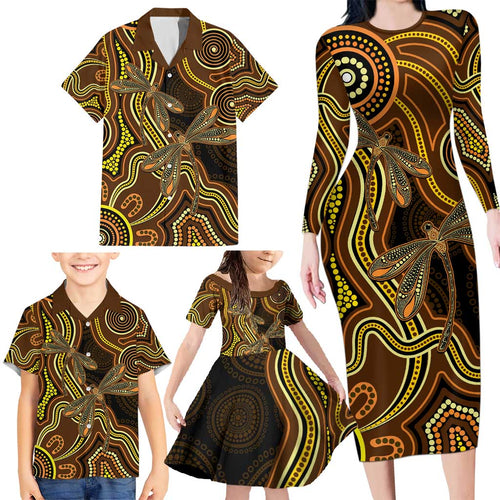 Orange Indigenous Dragonfly Australia Family Matching Long Sleeve Bodycon Dress and Hawaiian Shirt Aboriginal Art - Aussie Hoodie