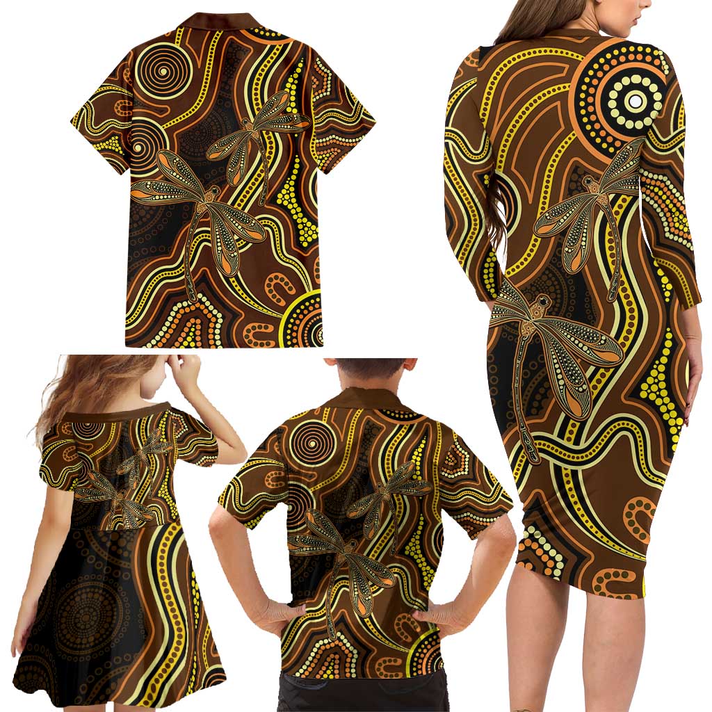 Orange Indigenous Dragonfly Australia Family Matching Long Sleeve Bodycon Dress and Hawaiian Shirt Aboriginal Art - Aussie Hoodie