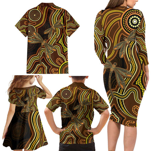 Orange Indigenous Dragonfly Australia Family Matching Long Sleeve Bodycon Dress and Hawaiian Shirt Aboriginal Art - Aussie Hoodie