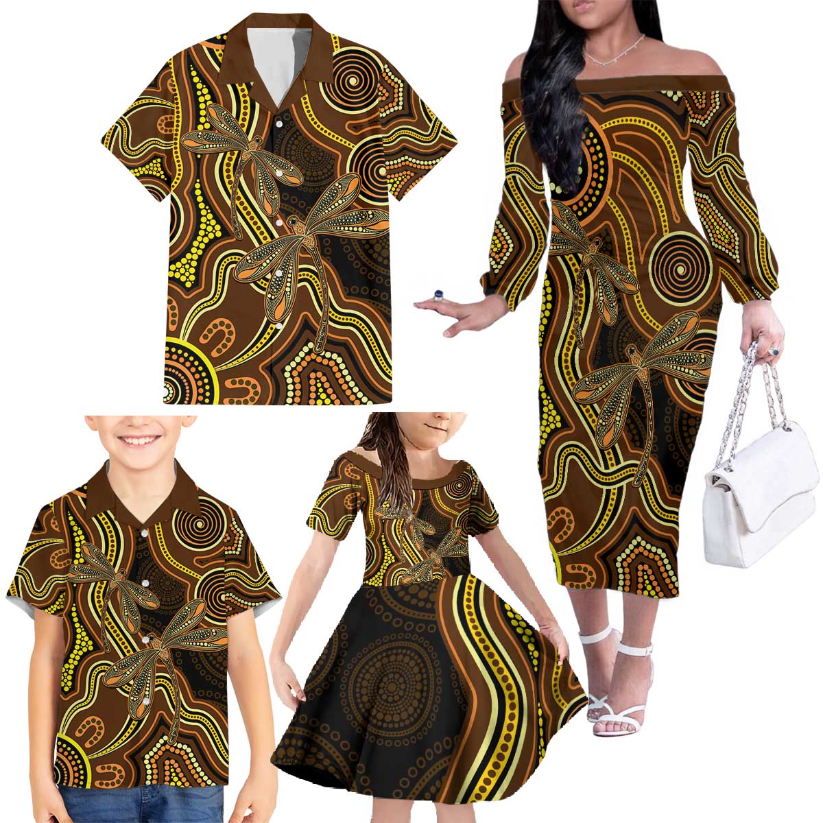 Orange Indigenous Dragonfly Australia Family Matching Off The Shoulder Long Sleeve Dress and Hawaiian Shirt Aboriginal Art - Aussie Hoodie