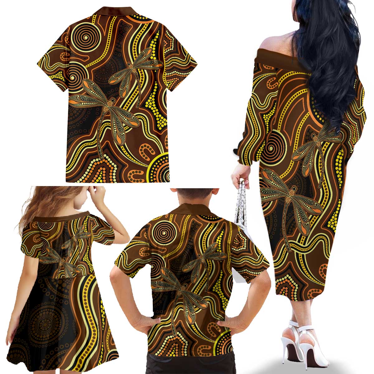 Orange Indigenous Dragonfly Australia Family Matching Off The Shoulder Long Sleeve Dress and Hawaiian Shirt Aboriginal Art - Aussie Hoodie