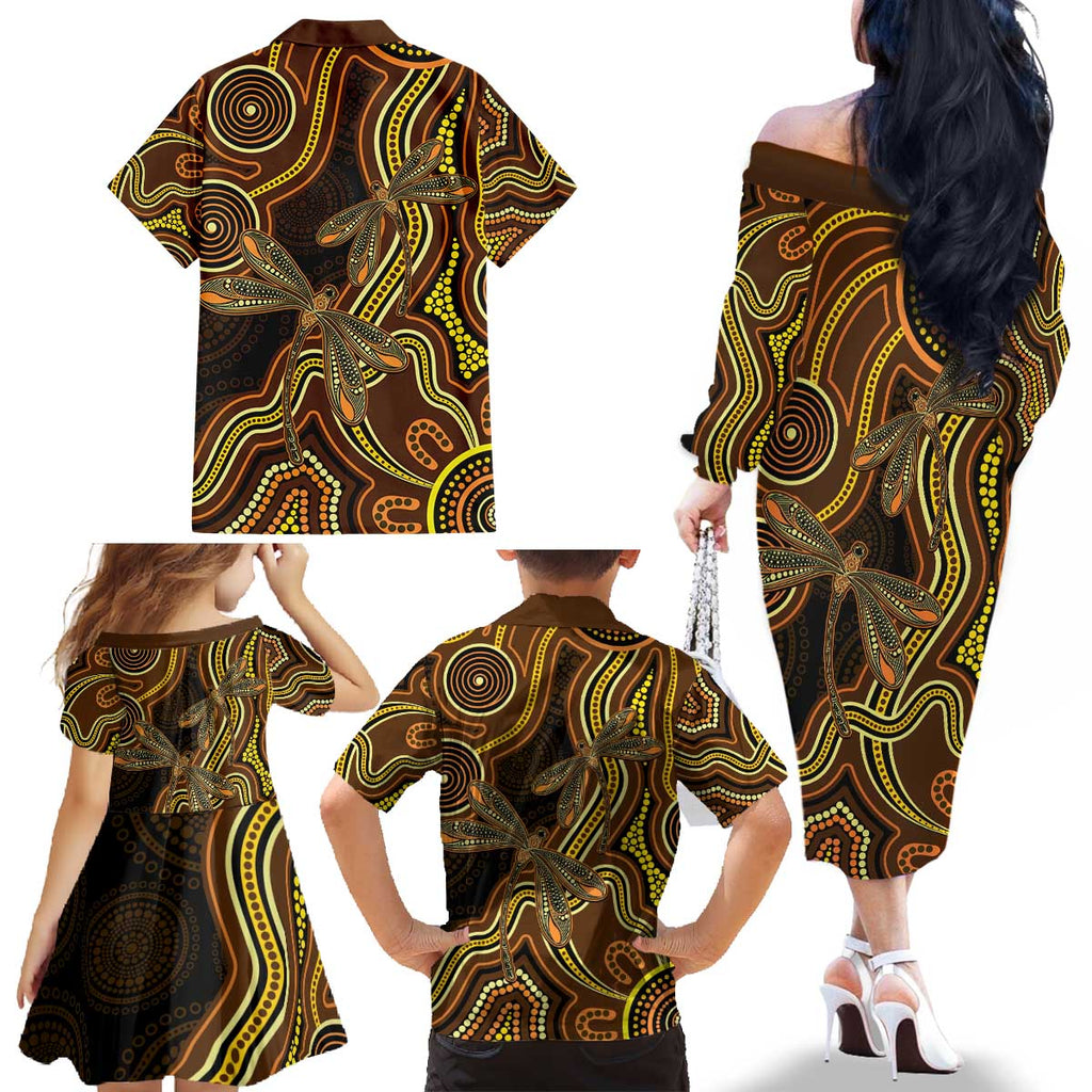Orange Indigenous Dragonfly Australia Family Matching Off The Shoulder Long Sleeve Dress and Hawaiian Shirt Aboriginal Art - Aussie Hoodie