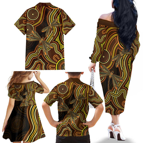 Orange Indigenous Dragonfly Australia Family Matching Off The Shoulder Long Sleeve Dress and Hawaiian Shirt Aboriginal Art - Aussie Hoodie