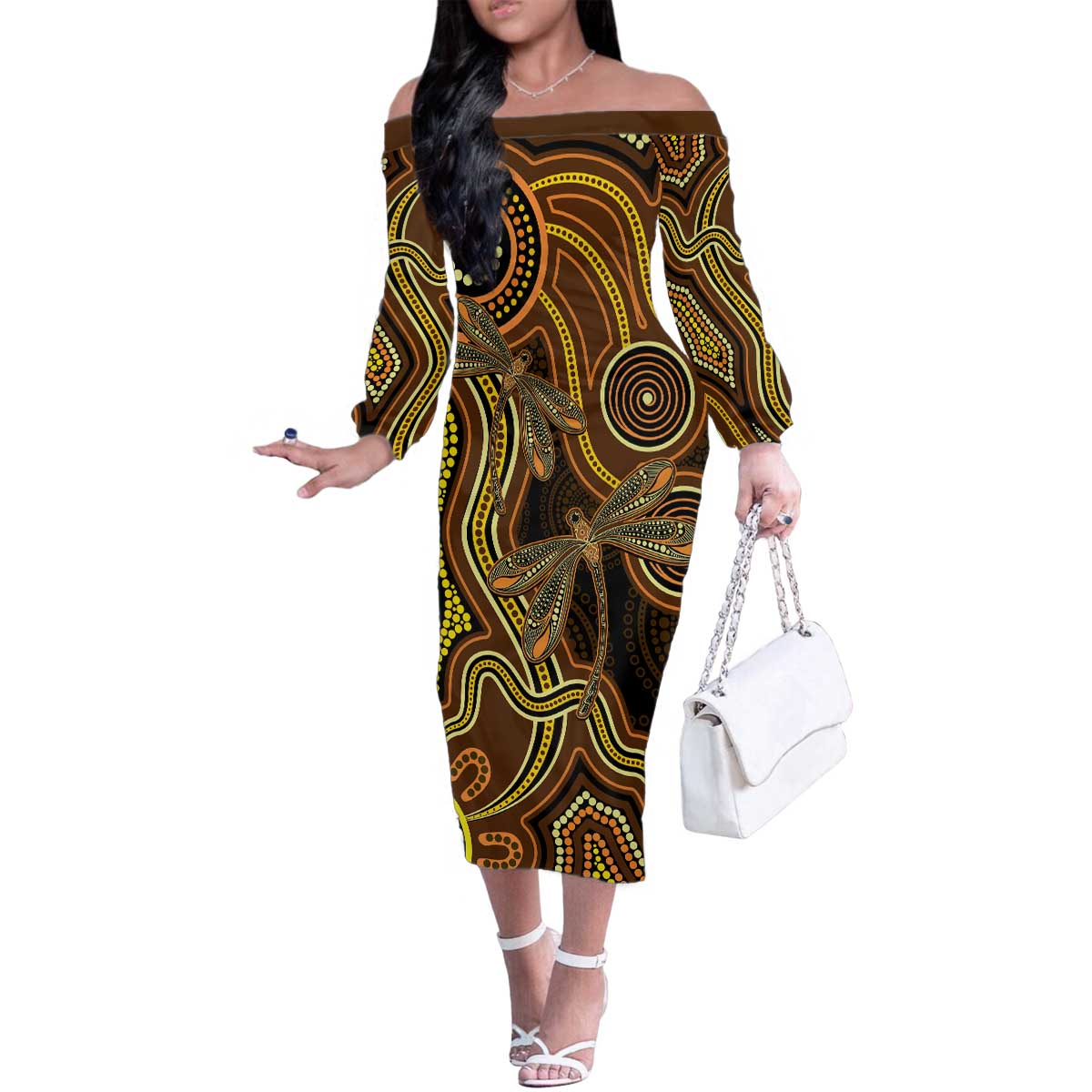 Orange Indigenous Dragonfly Australia Family Matching Off The Shoulder Long Sleeve Dress and Hawaiian Shirt Aboriginal Art - Aussie Hoodie