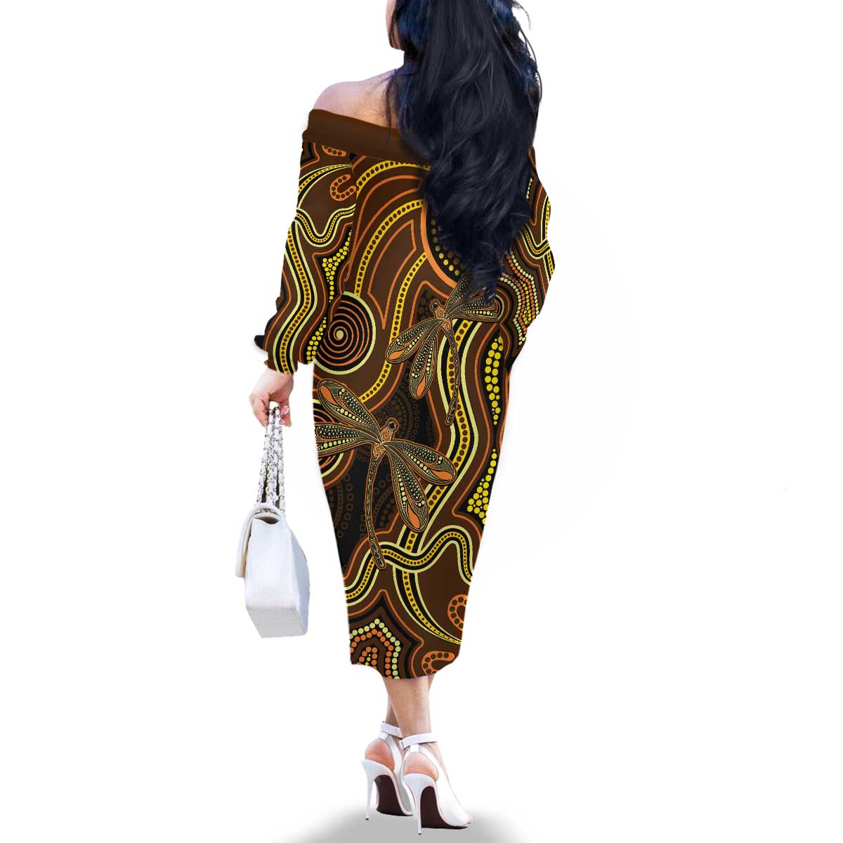 Orange Indigenous Dragonfly Australia Family Matching Off The Shoulder Long Sleeve Dress and Hawaiian Shirt Aboriginal Art - Aussie Hoodie