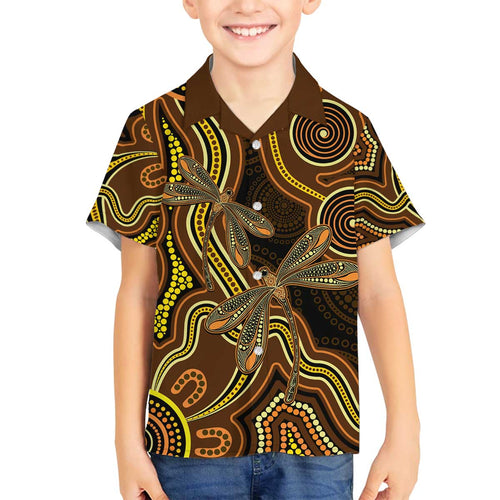 Orange Indigenous Dragonfly Australia Family Matching Off The Shoulder Long Sleeve Dress and Hawaiian Shirt Aboriginal Art - Aussie Hoodie