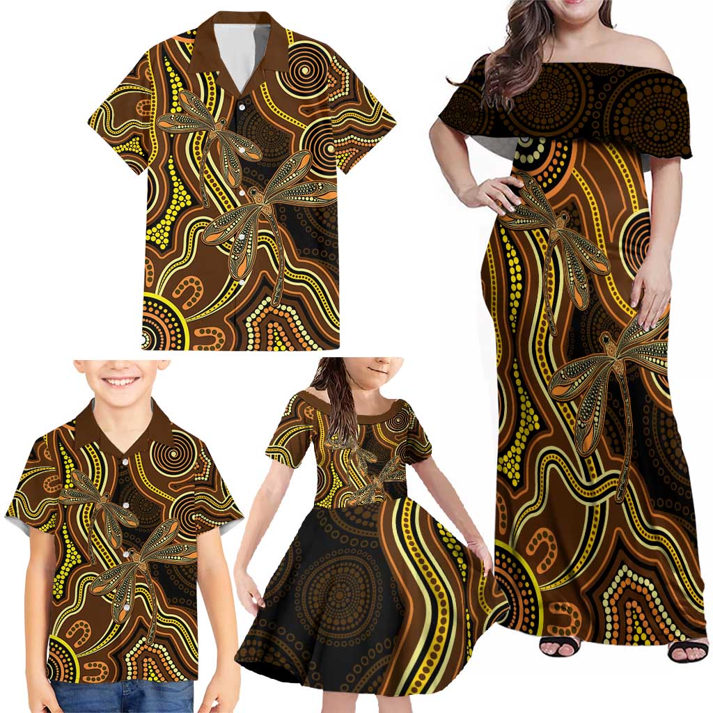 Orange Indigenous Dragonfly Australia Family Matching Off Shoulder Maxi Dress and Hawaiian Shirt Aboriginal Art - Aussie Hoodie
