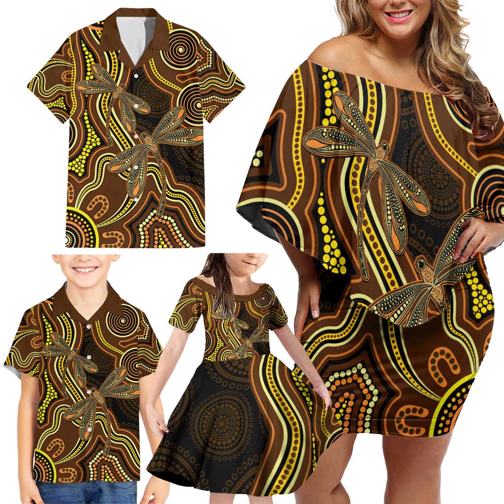 Orange Indigenous Dragonfly Australia Family Matching Off Shoulder Short Dress and Hawaiian Shirt Aboriginal Art - Aussie Hoodie