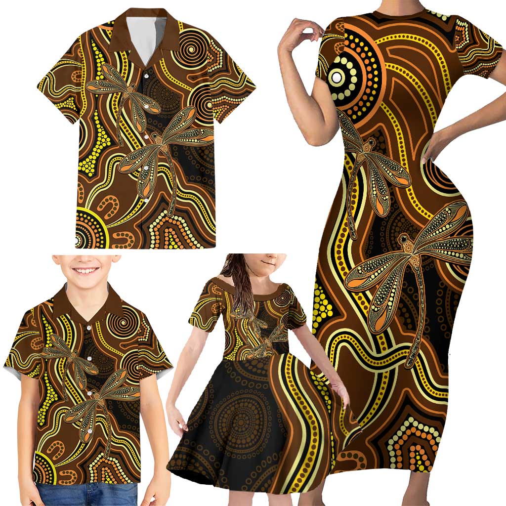 Orange Indigenous Dragonfly Australia Family Matching Short Sleeve Bodycon Dress and Hawaiian Shirt Aboriginal Art - Aussie Hoodie