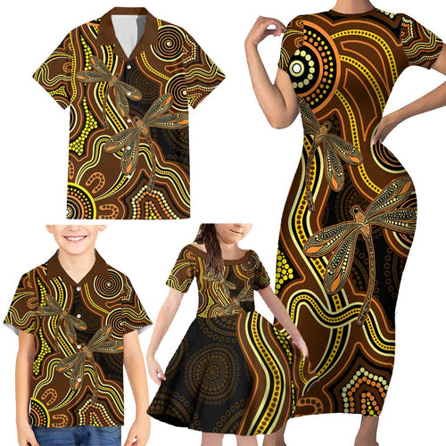 Orange Indigenous Dragonfly Australia Family Matching Short Sleeve Bodycon Dress and Hawaiian Shirt Aboriginal Art - Aussie Hoodie