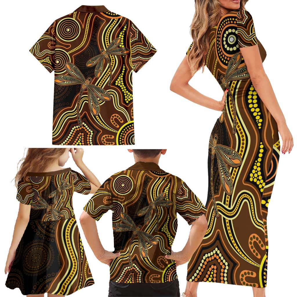 Orange Indigenous Dragonfly Australia Family Matching Short Sleeve Bodycon Dress and Hawaiian Shirt Aboriginal Art - Aussie Hoodie