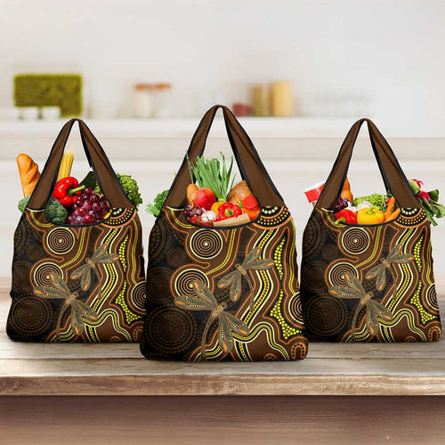 Orange Indigenous Dragonfly Australia Grocery Bag Aboriginal Art - Aussie Hoodie