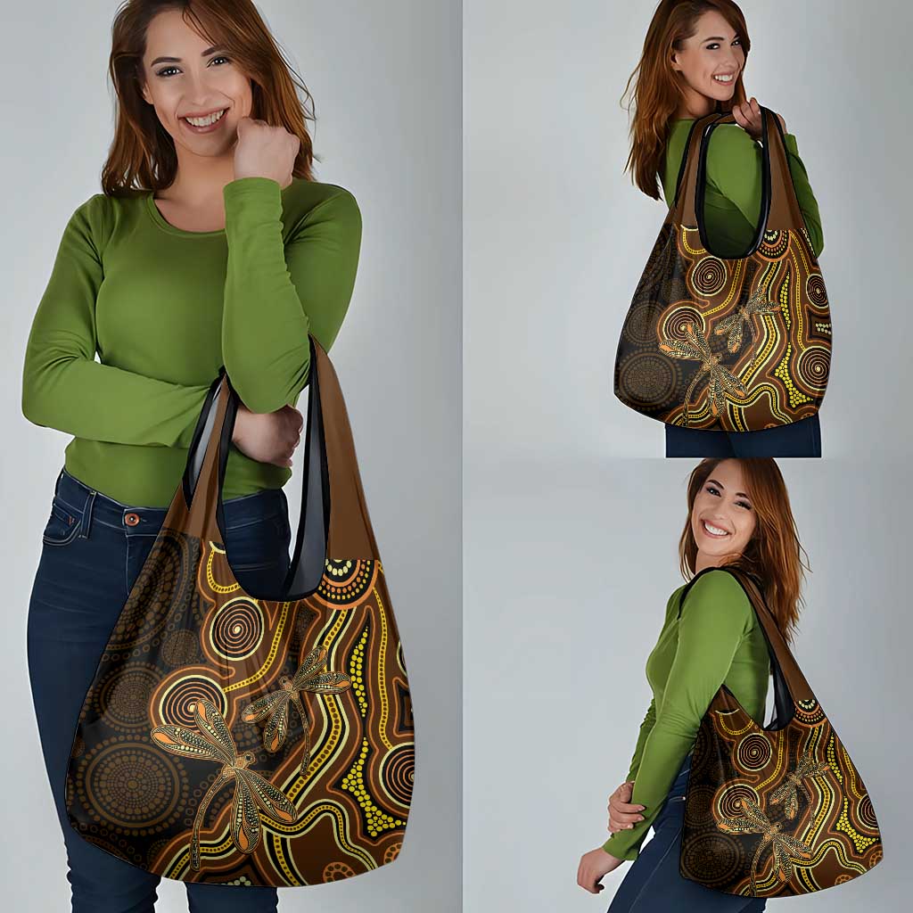 Orange Indigenous Dragonfly Australia Grocery Bag Aboriginal Art - Aussie Hoodie