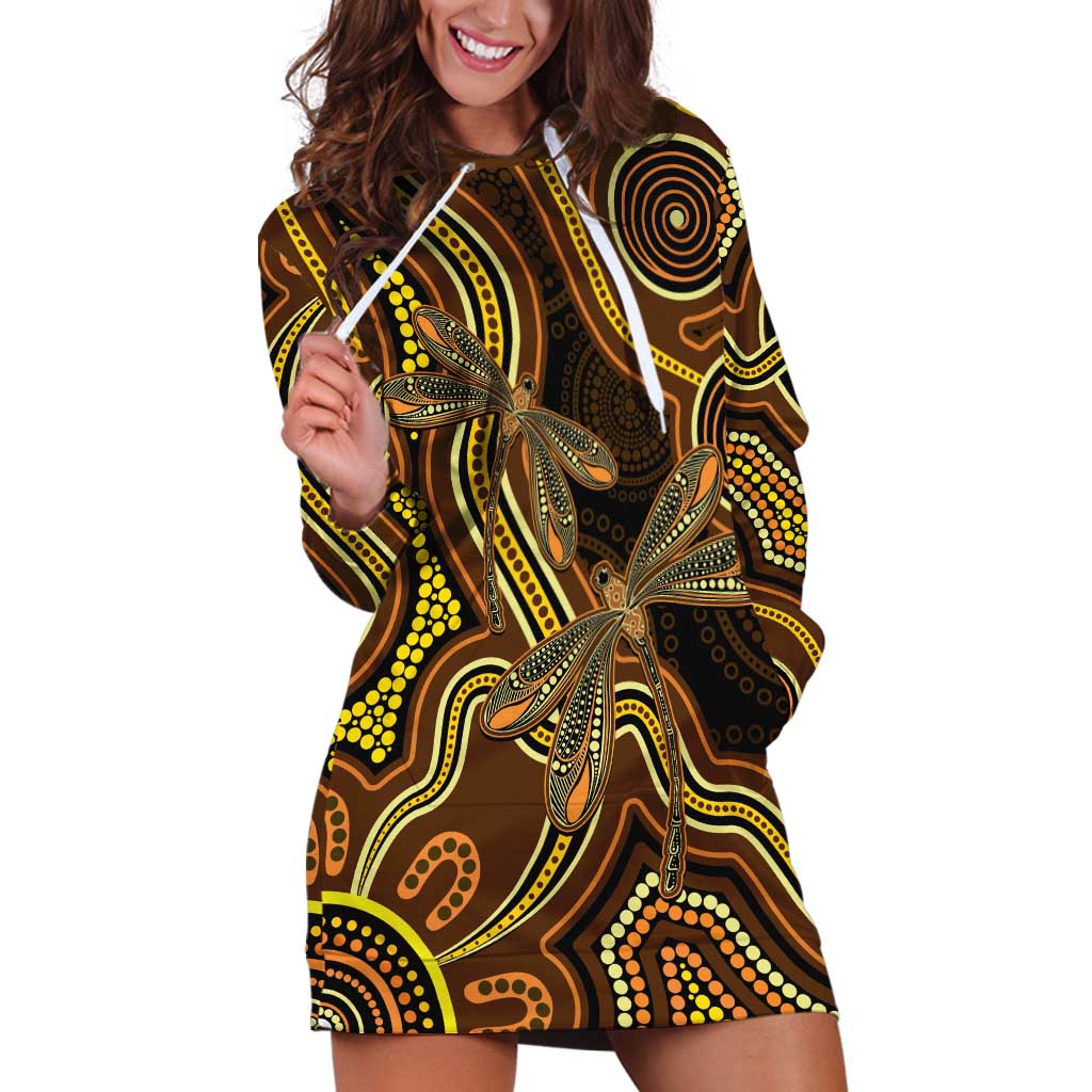 Orange Indigenous Dragonfly Australia Hoodie Dress Aboriginal Art - Aussie Hoodie