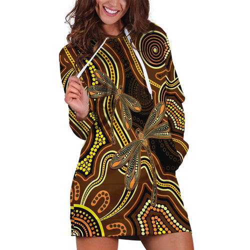 Orange Indigenous Dragonfly Australia Hoodie Dress Aboriginal Art - Aussie Hoodie