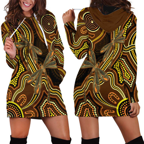 Orange Indigenous Dragonfly Australia Hoodie Dress Aboriginal Art - Aussie Hoodie