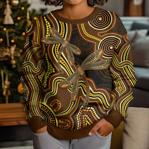 Orange Indigenous Dragonfly Australia Kid Ugly Christmas Sweater Aboriginal Art - Aussie Hoodie