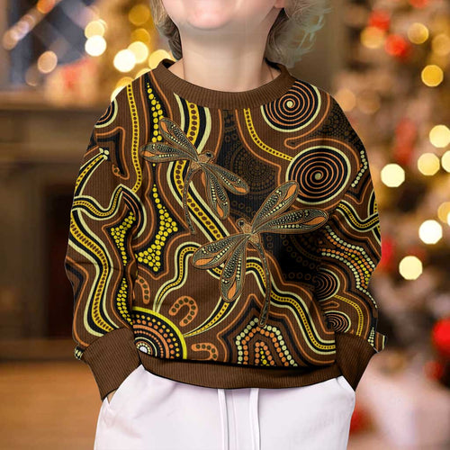Orange Indigenous Dragonfly Australia Kid Ugly Christmas Sweater Aboriginal Art - Aussie Hoodie