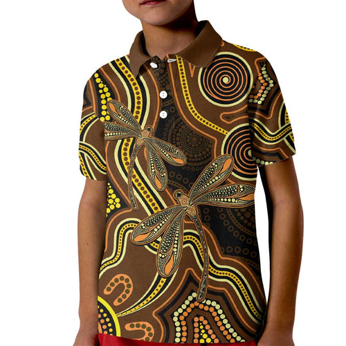 Orange Indigenous Dragonfly Australia Kid Polo Shirt Aboriginal Art - Aussie Hoodie