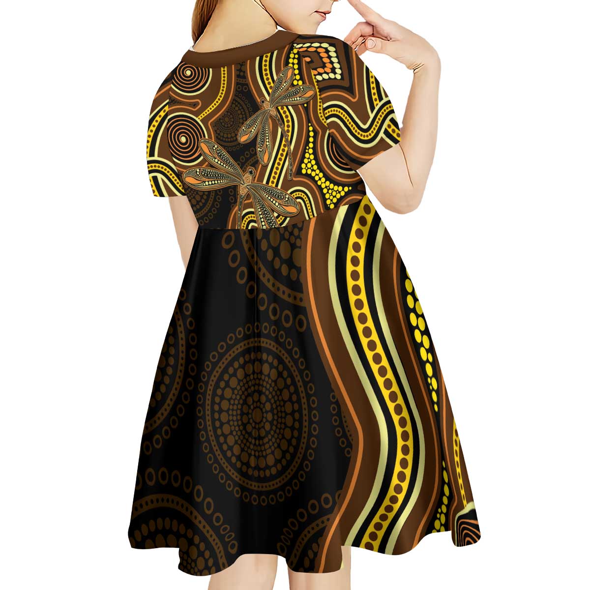 Orange Indigenous Dragonfly Australia Kid Short Sleeve Dress Aboriginal Art - Aussie Hoodie