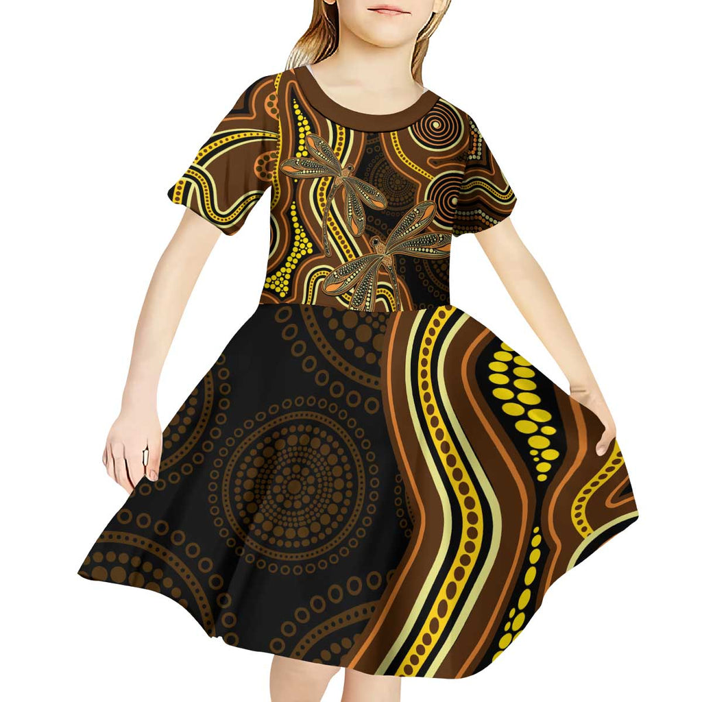 Orange Indigenous Dragonfly Australia Kid Short Sleeve Dress Aboriginal Art - Aussie Hoodie