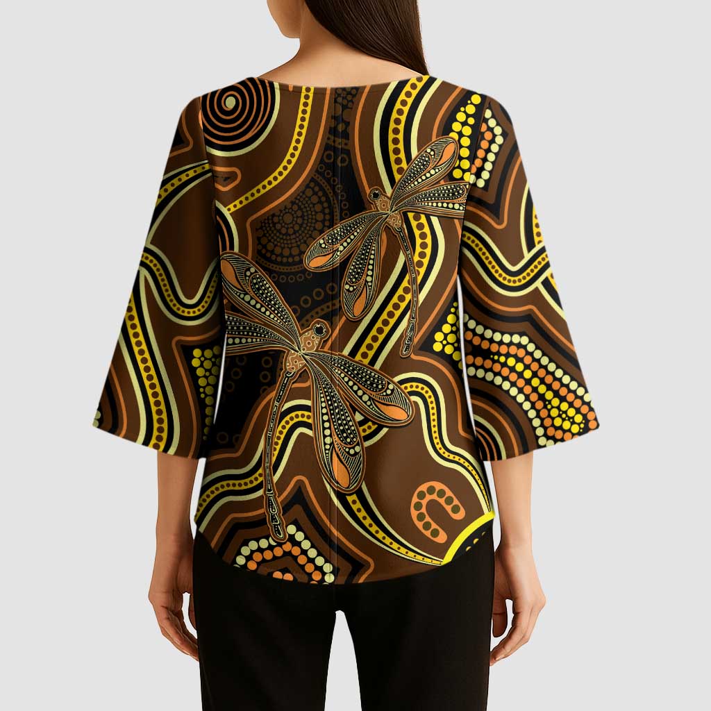 Orange Indigenous Dragonfly Australia Kimono Sleeve Blouse Aboriginal Art - Aussie Hoodie
