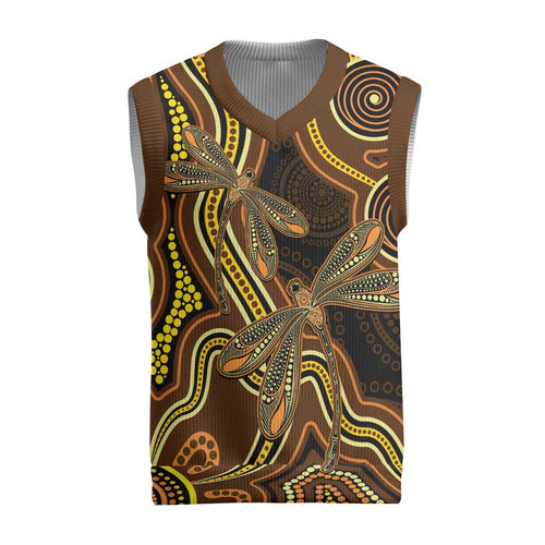 Orange Indigenous Dragonfly Australia Christmas Knitted V-Neck Vest Aboriginal Art - Aussie Hoodie