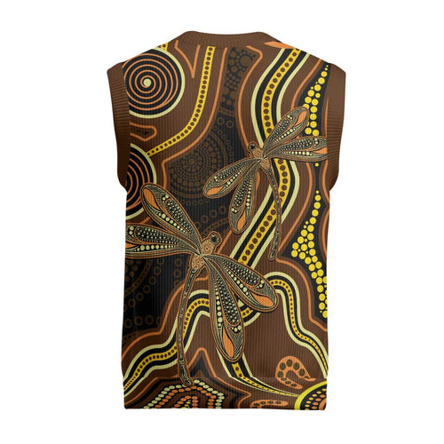 Orange Indigenous Dragonfly Australia Christmas Knitted V-Neck Vest Aboriginal Art - Aussie Hoodie
