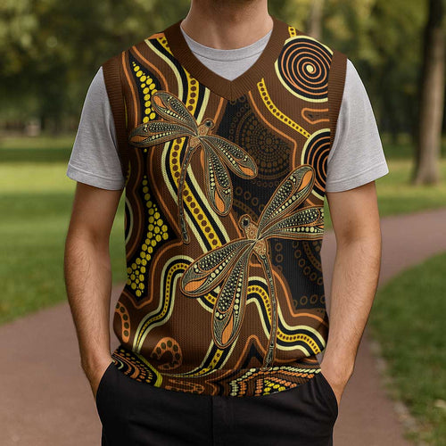 Orange Indigenous Dragonfly Australia Christmas Knitted V-Neck Vest Aboriginal Art - Aussie Hoodie