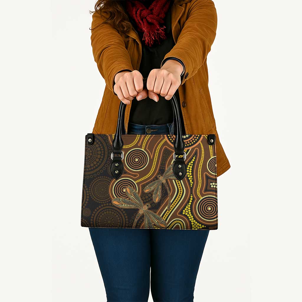 Orange Indigenous Dragonfly Australia Leather Bag Aboriginal Art - Aussie Hoodie