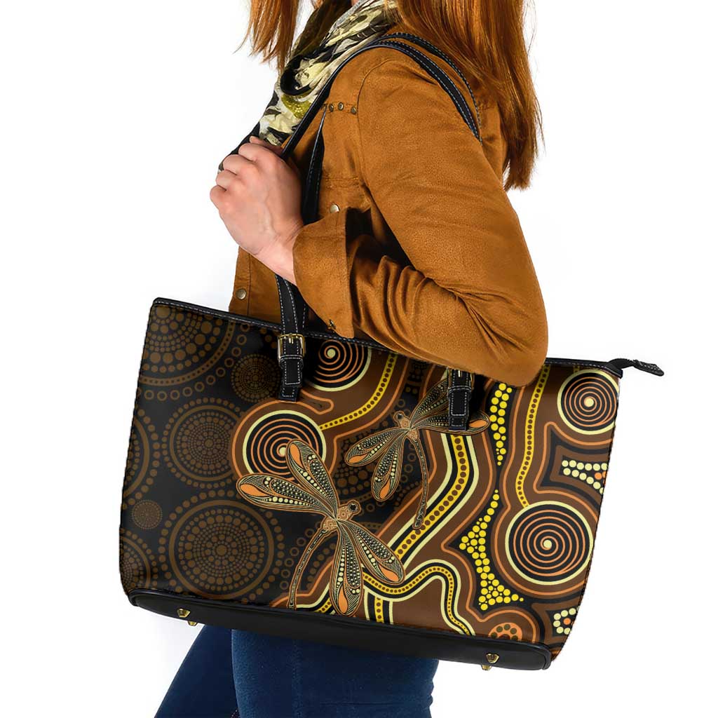 Orange Indigenous Dragonfly Australia Leather Tote Bag Aboriginal Art - Aussie Hoodie
