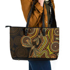 Orange Indigenous Dragonfly Australia Leather Tote Bag Aboriginal Art - Aussie Hoodie