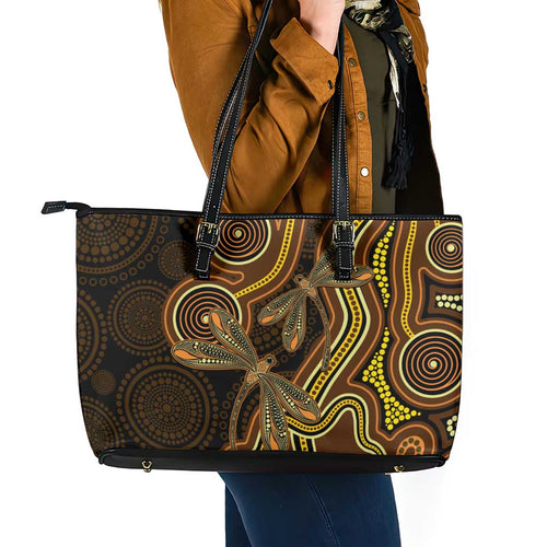 Orange Indigenous Dragonfly Australia Leather Tote Bag Aboriginal Art - Aussie Hoodie