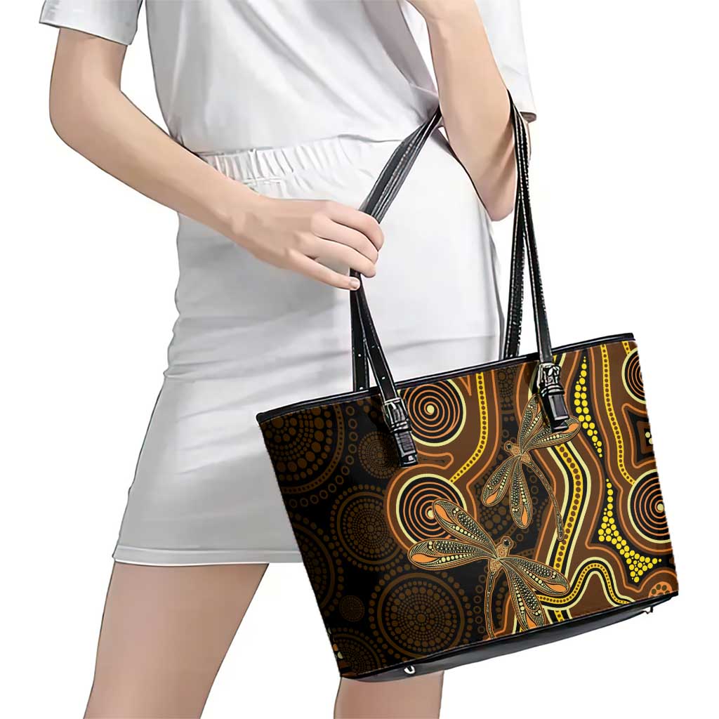 Orange Indigenous Dragonfly Australia Leather Tote Bag Aboriginal Art - Aussie Hoodie