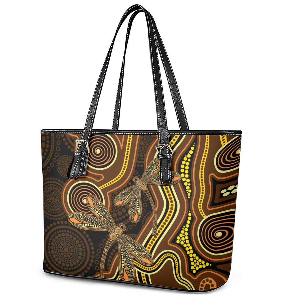 Orange Indigenous Dragonfly Australia Leather Tote Bag Aboriginal Art - Aussie Hoodie