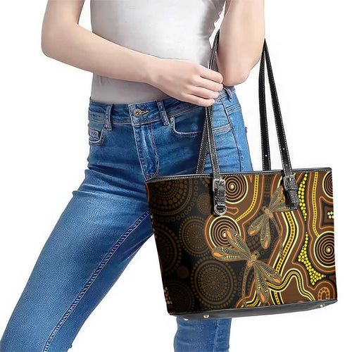Orange Indigenous Dragonfly Australia Leather Tote Bag Aboriginal Art - Aussie Hoodie