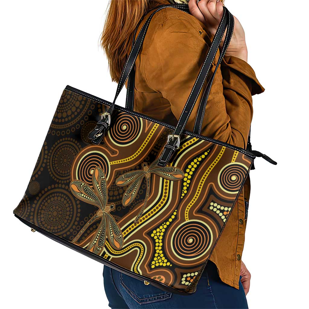 Orange Indigenous Dragonfly Australia Leather Tote Bag Aboriginal Art - Aussie Hoodie