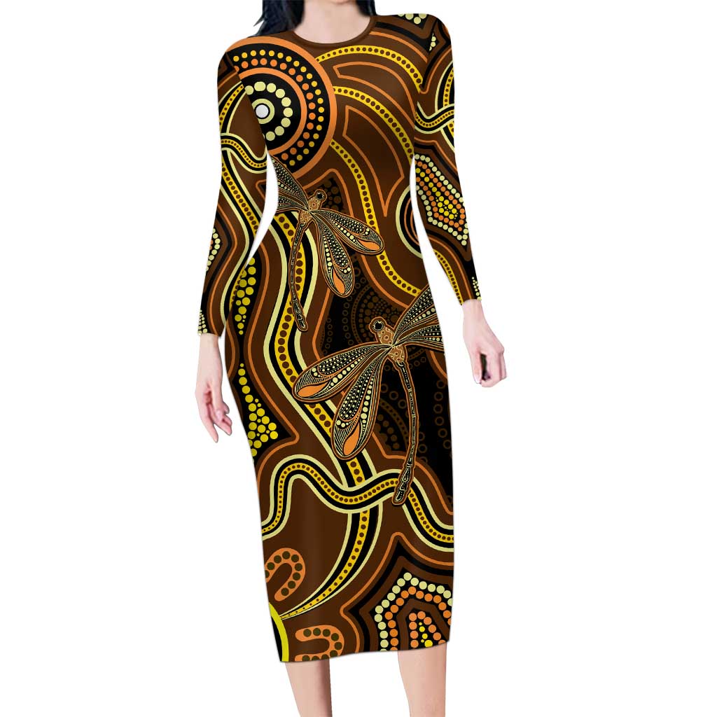 Orange Indigenous Dragonfly Australia Long Sleeve Bodycon Dress Aboriginal Art - Aussie Hoodie