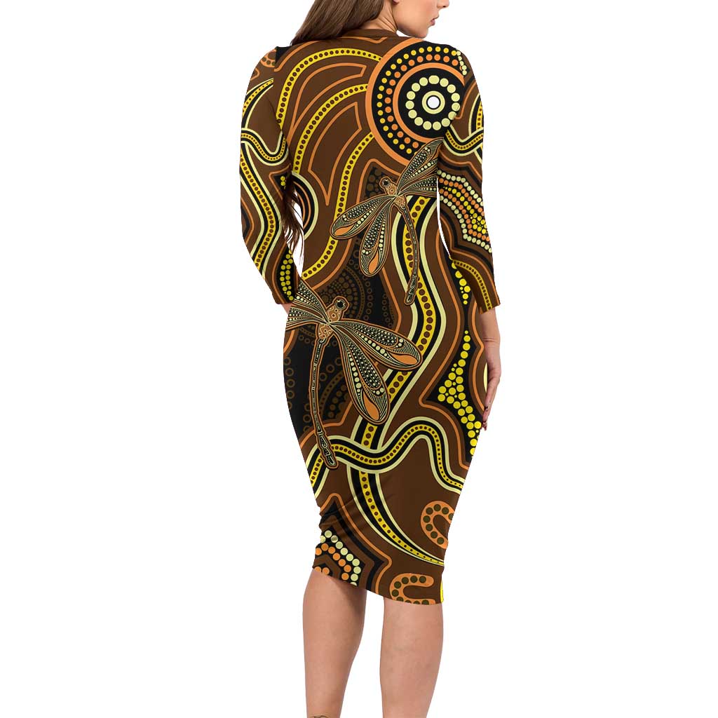 Orange Indigenous Dragonfly Australia Long Sleeve Bodycon Dress Aboriginal Art - Aussie Hoodie