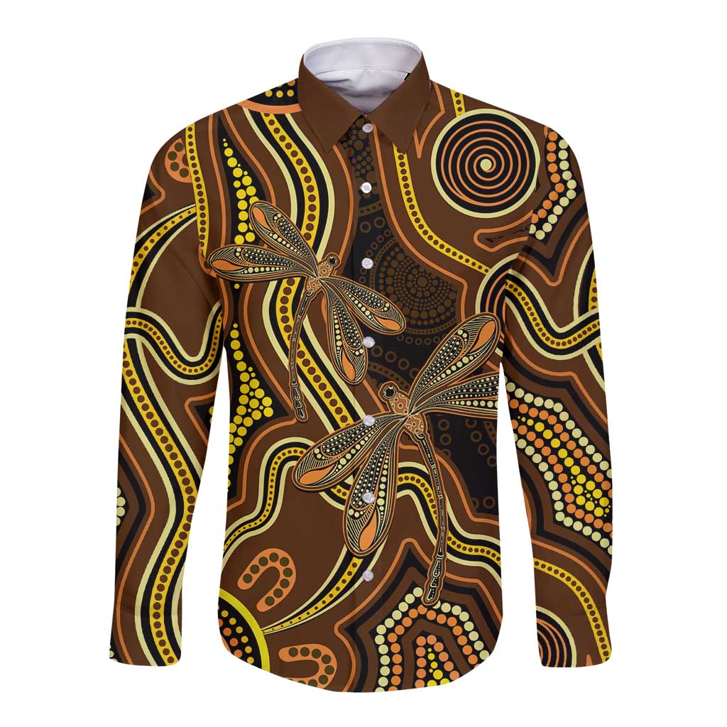 Orange Indigenous Dragonfly Australia Long Sleeve Button Shirt Aboriginal Art - Aussie Hoodie