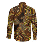 Orange Indigenous Dragonfly Australia Long Sleeve Button Shirt Aboriginal Art - Aussie Hoodie