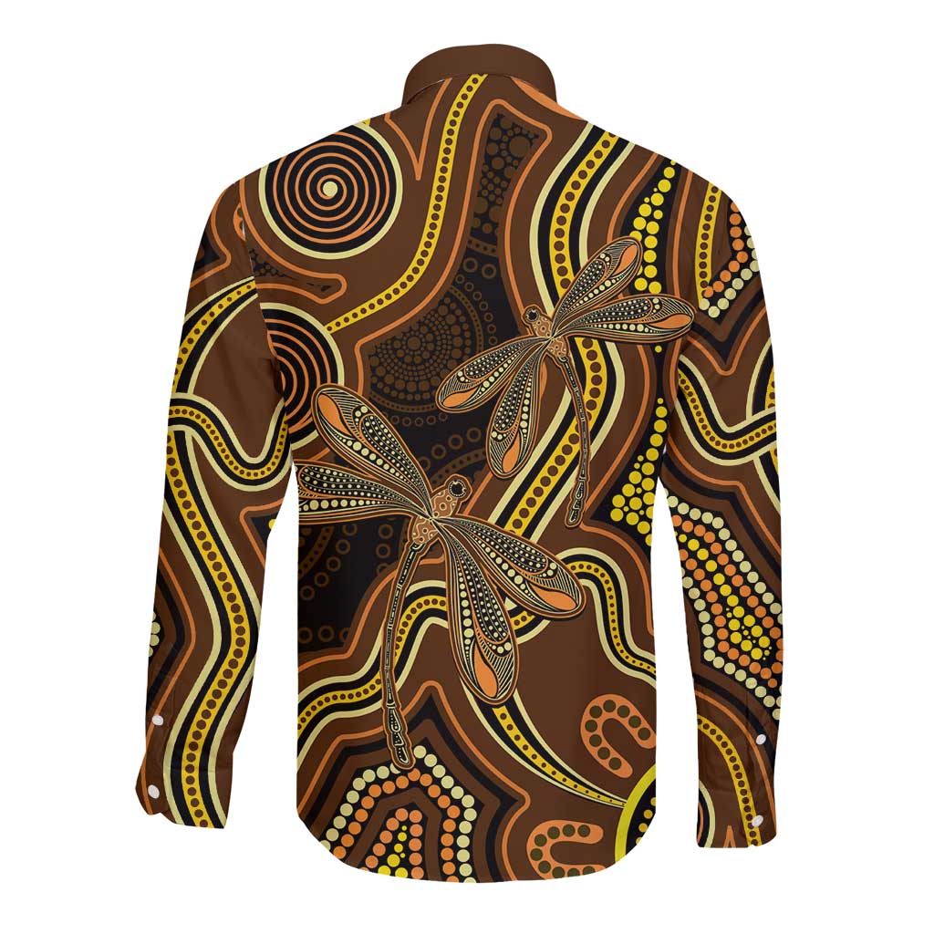 Orange Indigenous Dragonfly Australia Long Sleeve Button Shirt Aboriginal Art - Aussie Hoodie