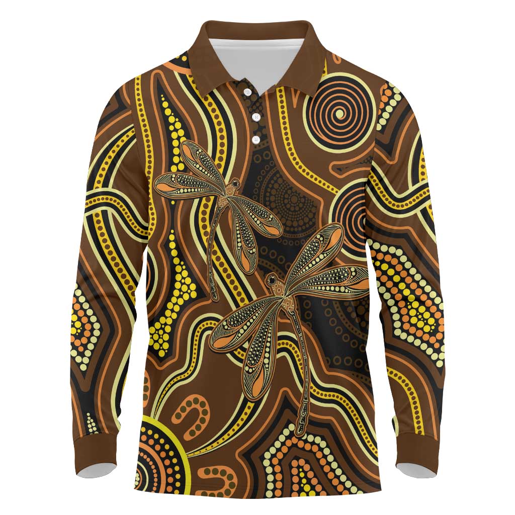 Orange Indigenous Dragonfly Australia Long Sleeve Polo Shirt Aboriginal Art - Aussie Hoodie