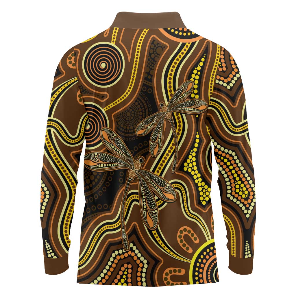 Orange Indigenous Dragonfly Australia Long Sleeve Polo Shirt Aboriginal Art - Aussie Hoodie