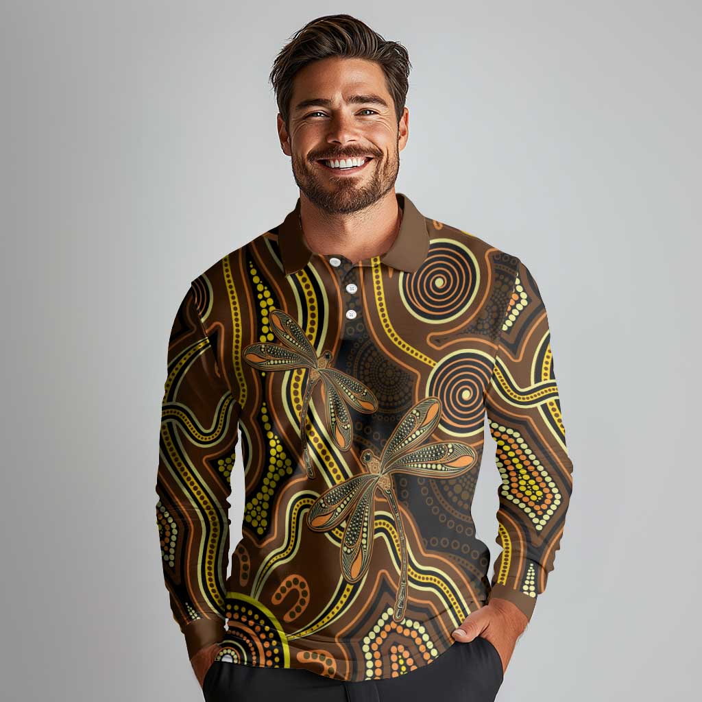 Orange Indigenous Dragonfly Australia Long Sleeve Polo Shirt Aboriginal Art - Aussie Hoodie